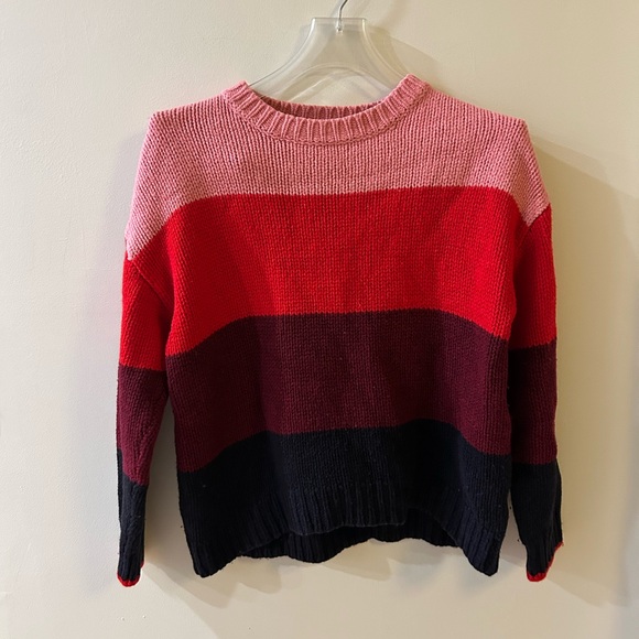 Sundry Scarlett Multi Stripe Red Color Block Wool Blend Crew Slouch Sweater Sz M - Picture 1 of 5